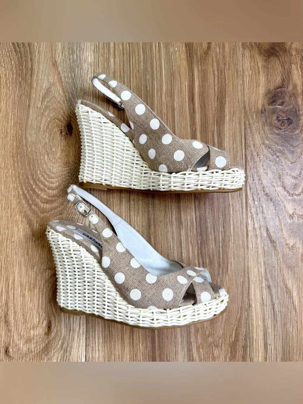 Castañer Polka Dot Wicker Wedge Slingback Sandals US 7